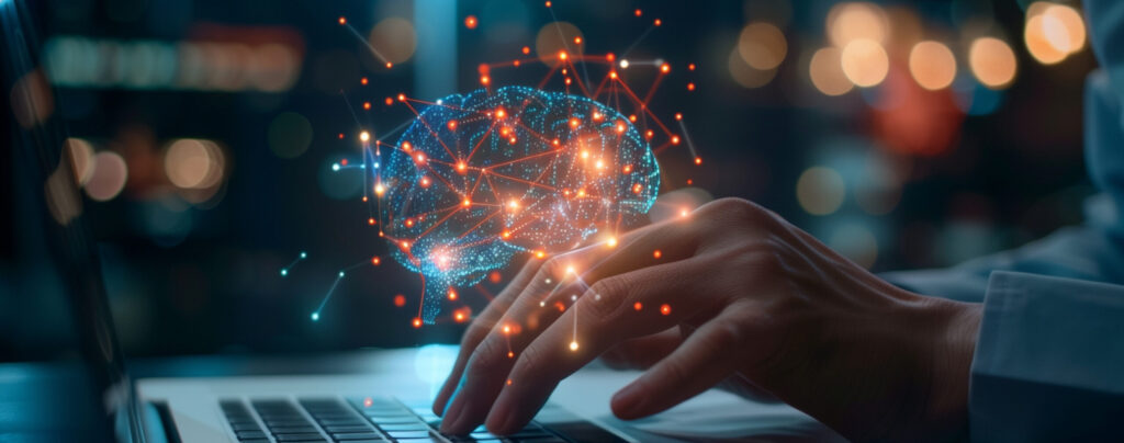 Person prompting on laptop with brain of AI Machine learning artificial intelligence of technology. AI network of digital brain circuit business intelligence data prompt engineering