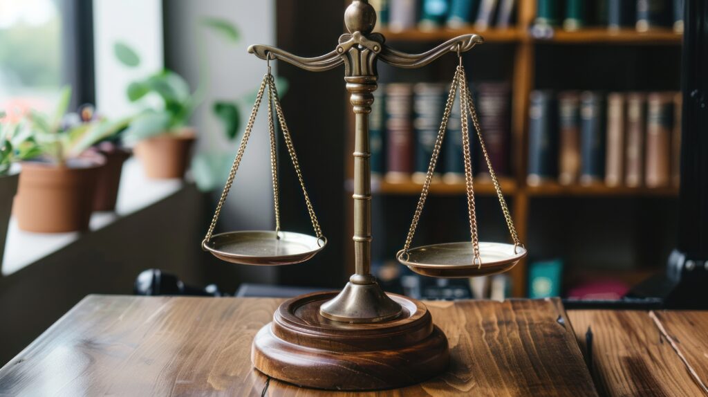 A scale with a gavel on top of it. The gavel is on a wooden base