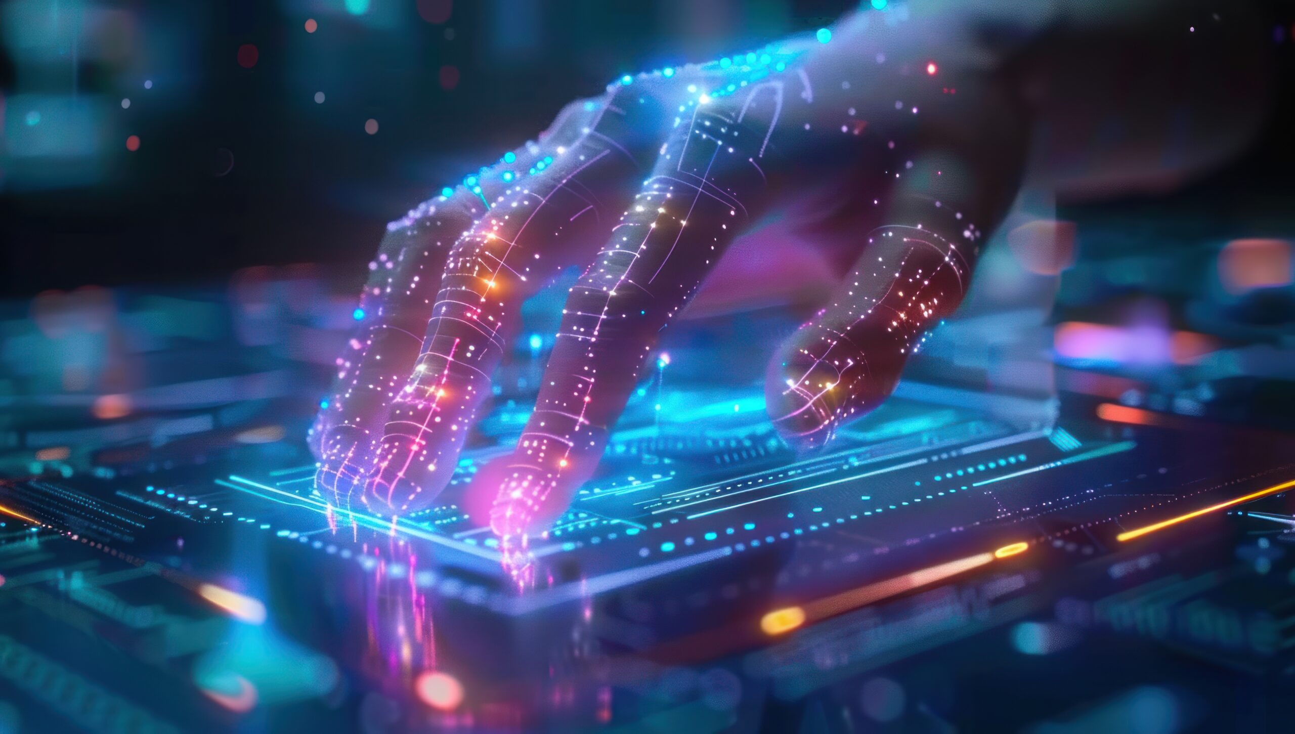 Touching the Future: A hand interacting with a digital circuit board, symbolizing the convergence of technology and human innovation in the digital age, portraying the concept of connectivity