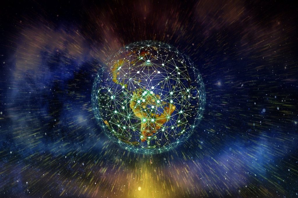 stylized image of earth with illustration of connected nodes around the globe