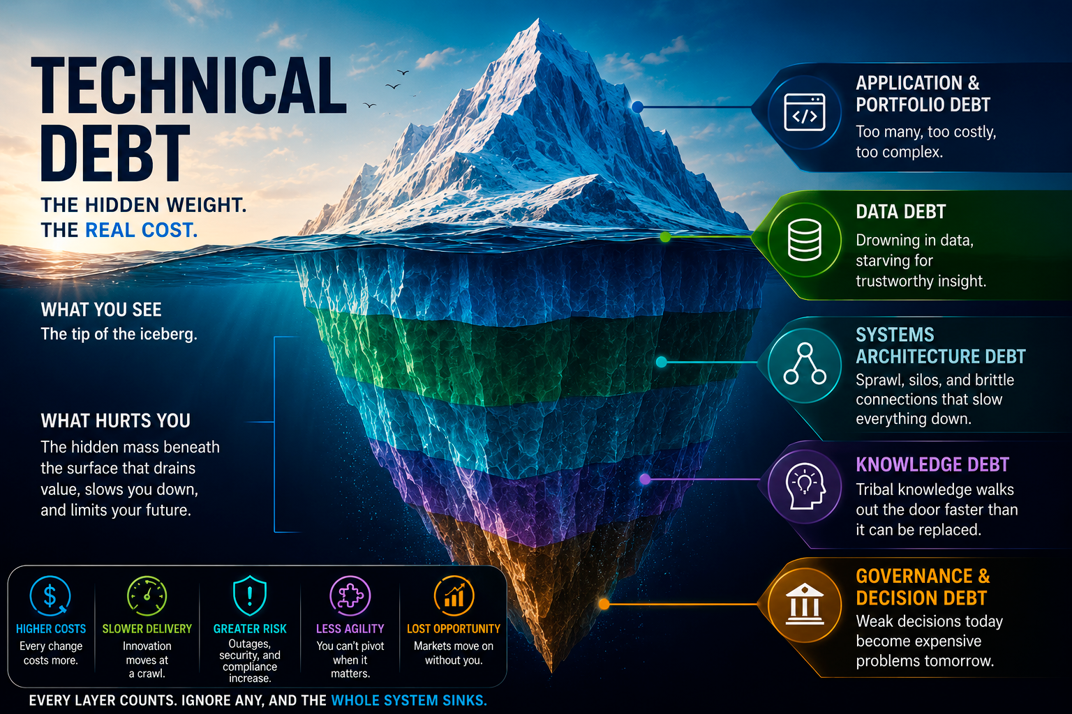 Iceberg illustrating hidden enterprise technical debt below the waterline — architecture, data, and knowledge